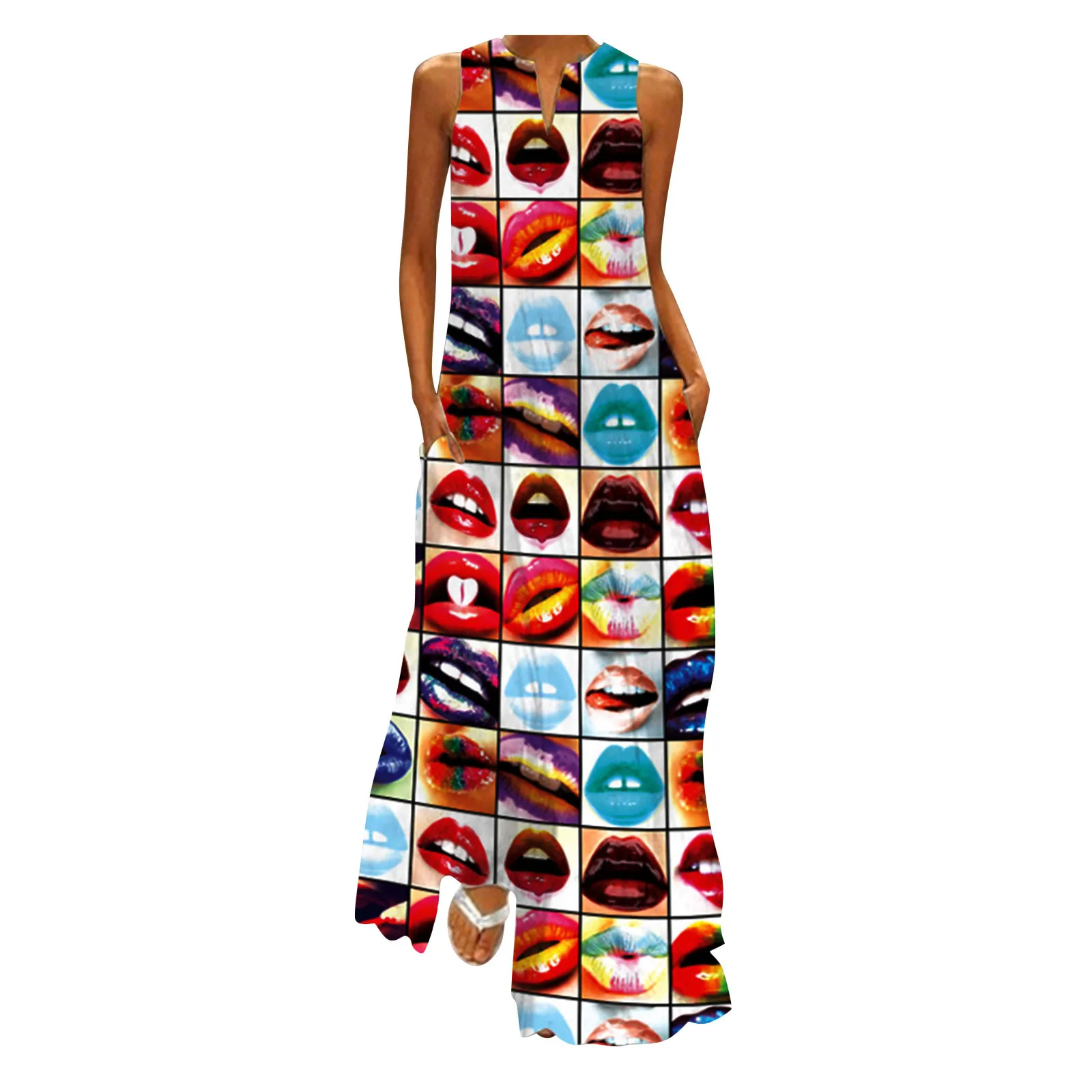 

Flower Print Sundress Maxi Dress Women Sleeveless Dress With Pocket V-neck Women Summer Clothes traf-robe #G