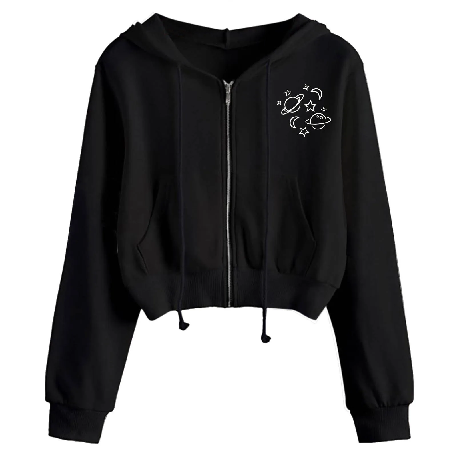 

Sexy Zipper Hoodies Drawstring Sweatshirt Women Crop Jacket Casual Solid Long Sleeve Pocket Shirt Thin Short Tops Ropa Mujer