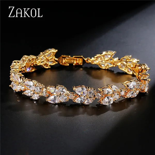 Gold Color Высокое качество, прозрачный белый кубический цирконий, узор в виде листьев, браслеты для женщин, подарок для девочек, модные свадебные украшения FSBP001 - Окраска металла: Gold Color