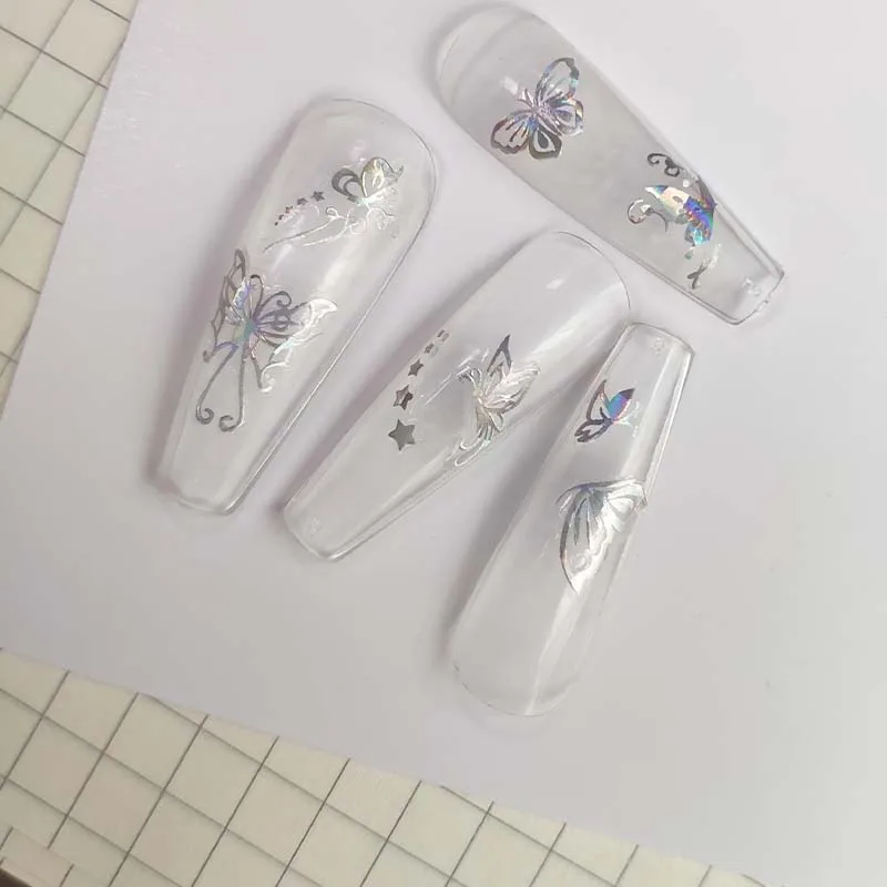 

1pc Holographic New Laser Butterfly Designs Nail Sticker Silver Adhensive Slider Decoration DIY Nail Art Stickers Manicure Decor