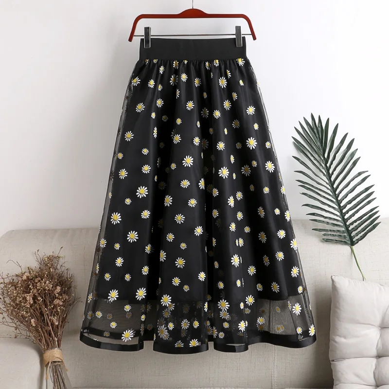 

New Style Little Daisy Print A Line Tulle Elegant Long Skirt Casual Women Spring Summer Streetwear Holiday Party Skirts DS160