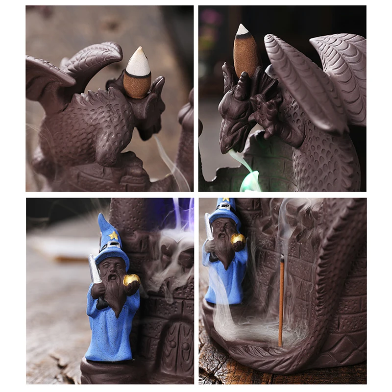

Dragons and Wizard Backflow Incense Burners Holder Aromatherapy Ornament Craftwork Figurine For Home Decor L5