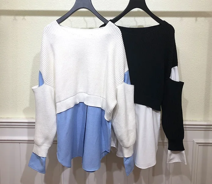 

New Korean Style Sweaters 2020 Autumn Winter Pullovers Women Cotton Knitting Patchwork Long Sleeve Casual Loose Tops Beige Black