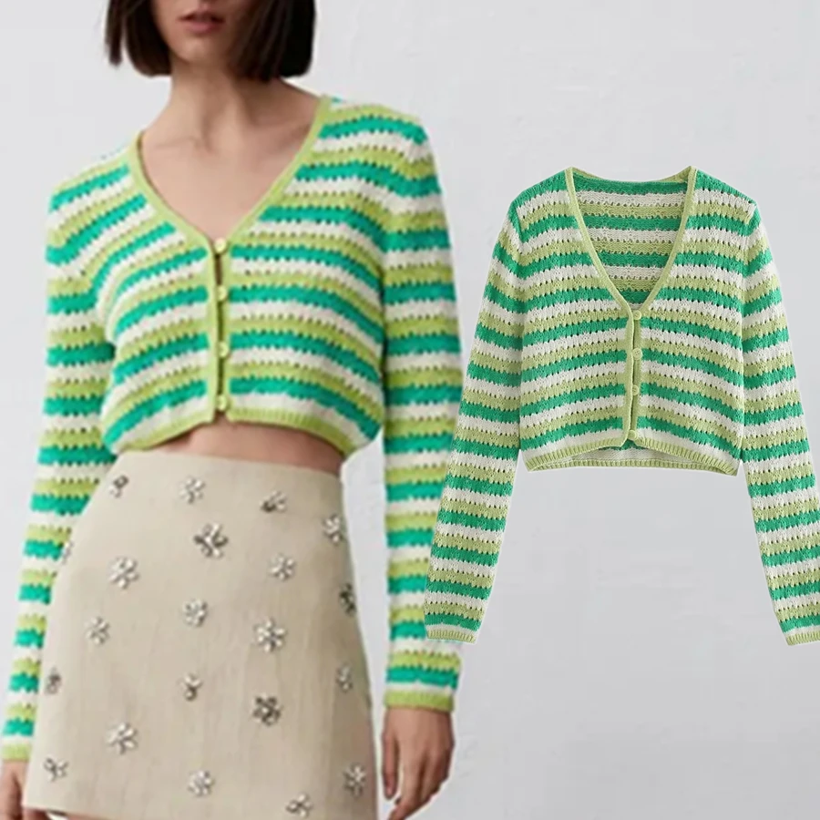 

Withered Ins Fashion Blogger High Street Vintage Striped Knitted Cardigan Autumn Sweaters Women Sexy Short Sweaters Women Tops