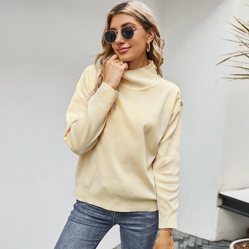 

Женские однотонные Цвет свитер на осень с высоким, плотно облегающим шею воротником пуговицами декоративный пуловер Топы 2020 женская повсед...