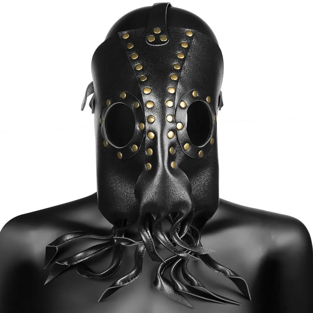 

Masquerade Prom Mask Steampunk Black Faux Leather Funny Octopus Headgear Devil Cosplay Rivet Decoratived Full Mask Party Mask