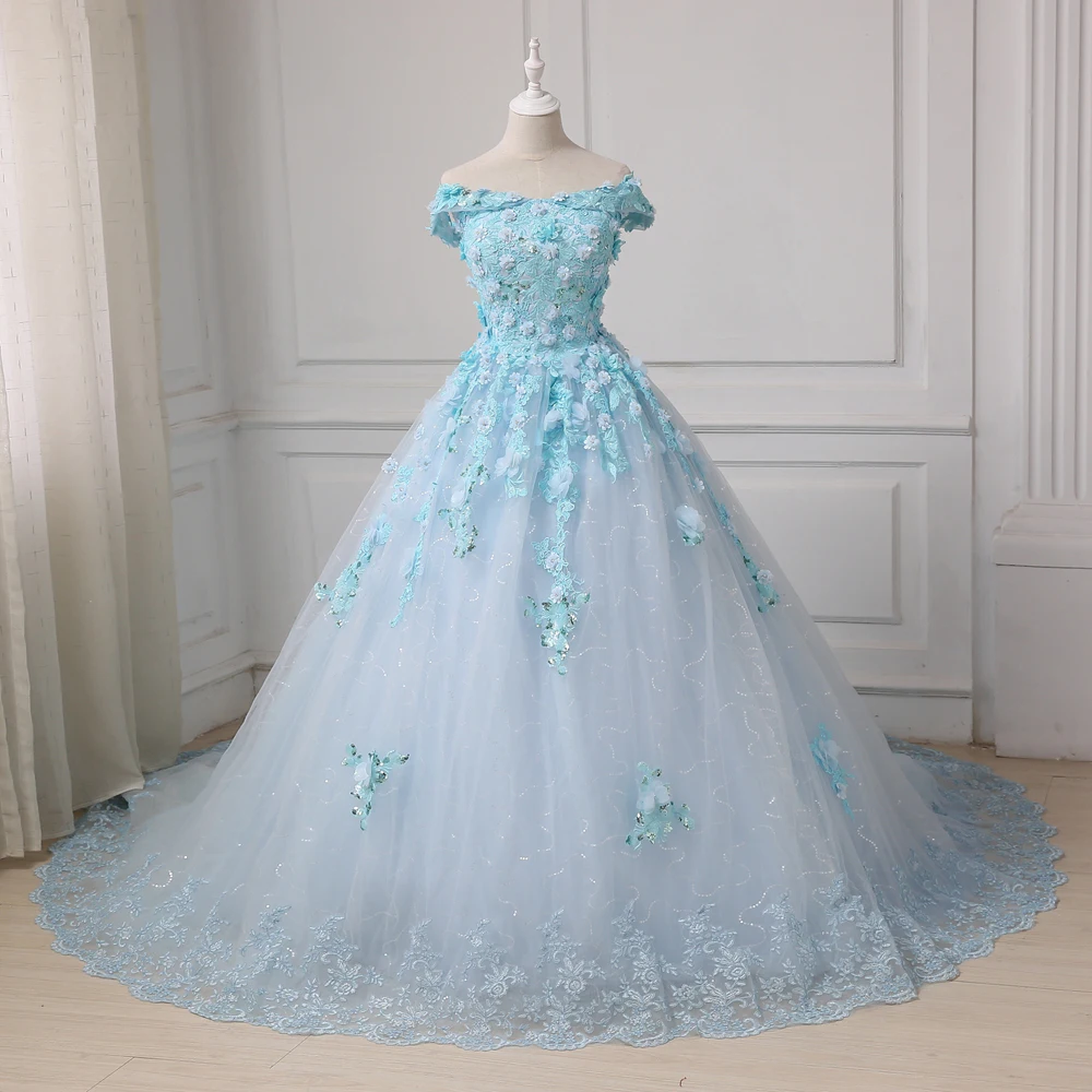 Женское свадебное платье с открытыми плечами Белое Бальное цветами и блестками