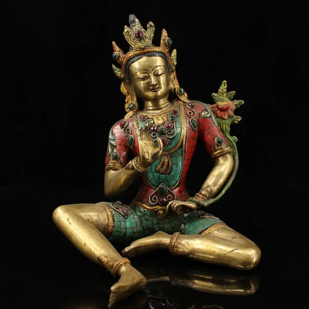 

wedding decoration Tibetan monastery collection old pure copper hand-made inlaid gemstones painted gold and green mother statue