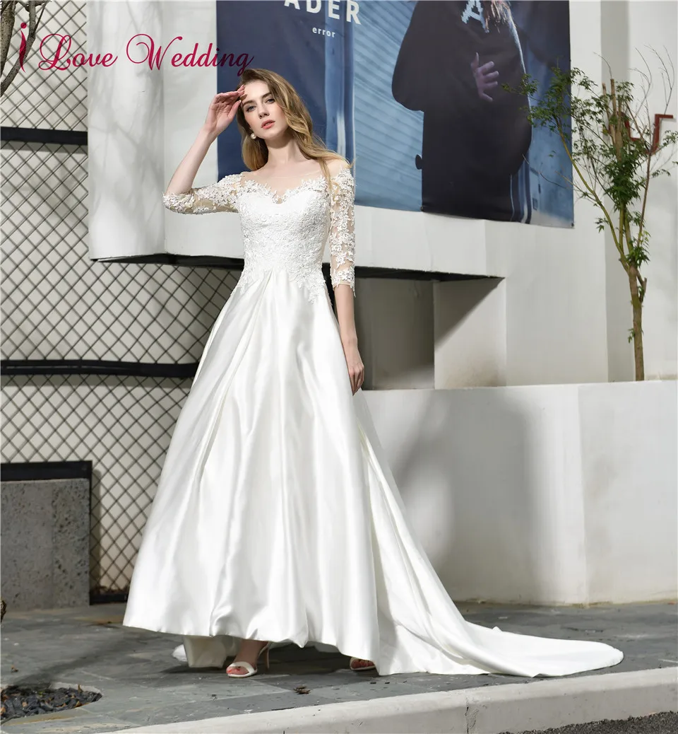 

Женское свадебное платье It's yiiya, белое атласное платье А-силуэта со шлейфом и кружевной аппликацией на лето 2019