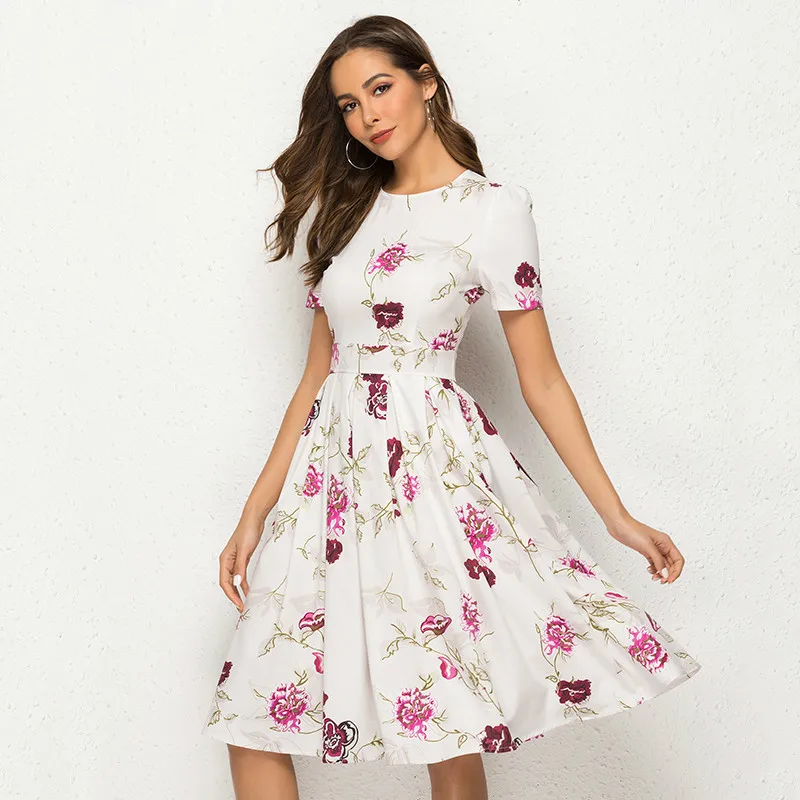 Винтажное женское платье миди с цветочным принтом весеннее элегантное коротким