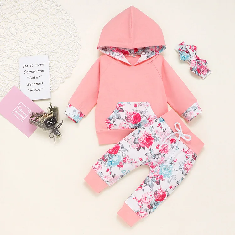 

Baby Girls 3pcs Clothes Set Cotton Long Sleeve Hooded Tops Pants Headband Infant Kids Pink Floral Spring Autumn Outfits