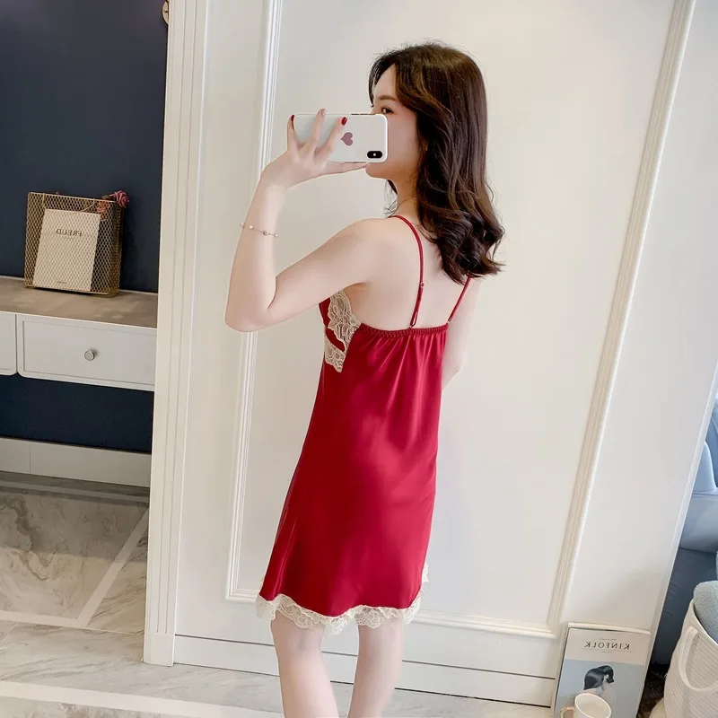 Ночная сорочка женская с шелковым принтом пикантная кружевная рубашка для сна