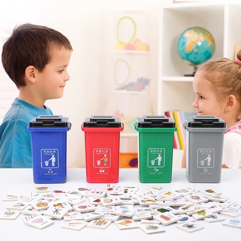 

4Pcs/Set Simulation Garbage Classification Toy Set Waste Management Recycling Rubbish Trash Cans Educational Toys Gift for Kids