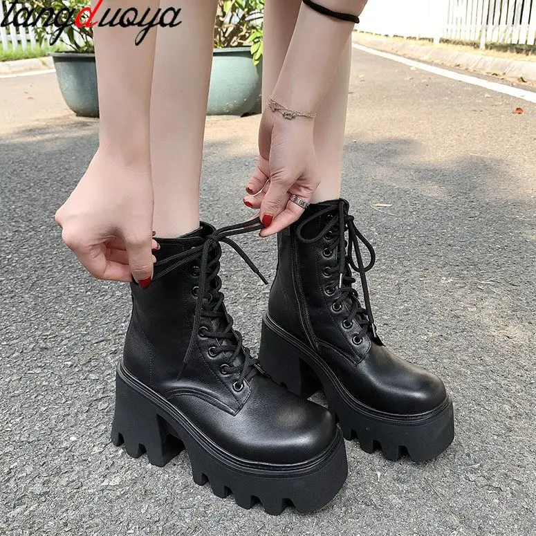 

Autumn platform Boots Womens Ladies Chunky Wedge Platform Black Patent Leather Ankle Boots Punk Lady Botas Mujer 2023