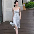 Слинг Атлас к повседневному платью Женские топы с открытой спиной высокого платье с разрезом для выпускного вечера Спагетти ремень элегантные вечерние платья модное платье