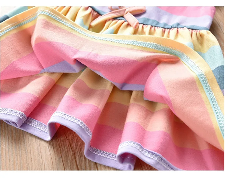 

New Girls Fashion Dress Colorful Color Rainbow Striped Children's Wear Short Sleeve Cotton Dress kids dress Princess Party Dress