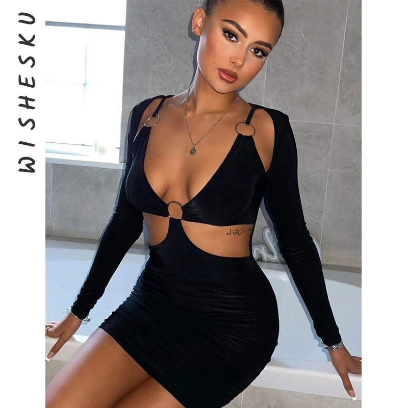 

Женское облегающее мини-платье с длинным рукавом, однотонное черное Повседневное платье в готическом стиле, уличная одежда на весну и осень...