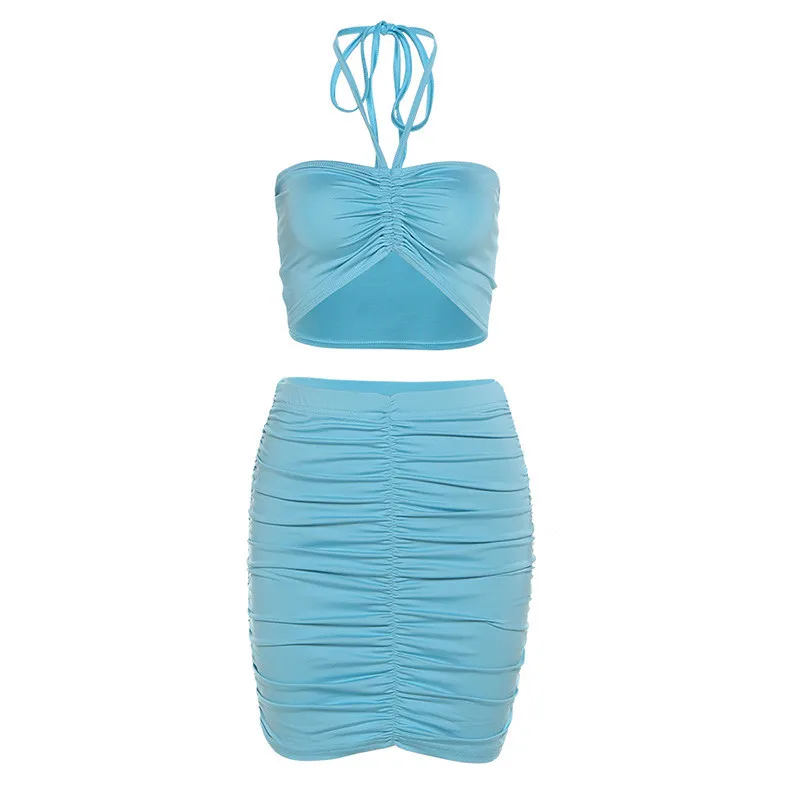 

Skinny New 2 Pieces Sets Criss-Cross Sexy Pleated Party Women Wrinkle Summer Halter Crop Top Bodycon Skirt Sets Clubwear M0489
