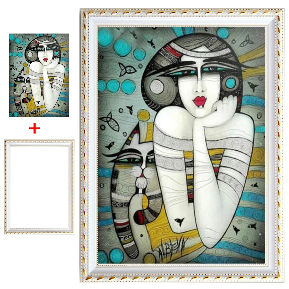 

Framed Diamond Embroidery DIY Diamond Painting Abstract Art Woman &Cat Diamond Painting Cross Stitch Rhinestone Decoration