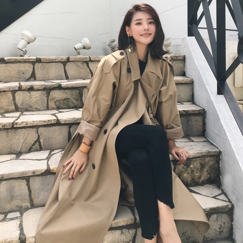 

High Quality Khaki Windbreaker Long Coat Women's Korean Spring New Women's Loose Double-breasted Chic Trench Coat Female Autumn