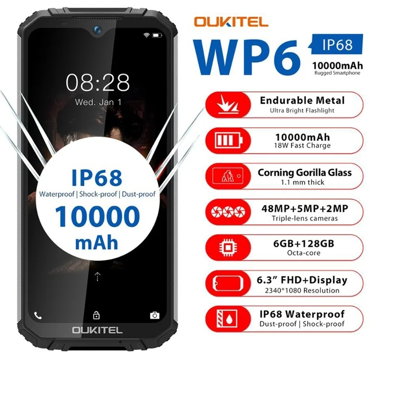 OUKITEL WP6 IP68 водонепроницаемый смартфон 6 3 дюйма ГБ ОЗУ 128 Гб ПЗУ MT6771T
