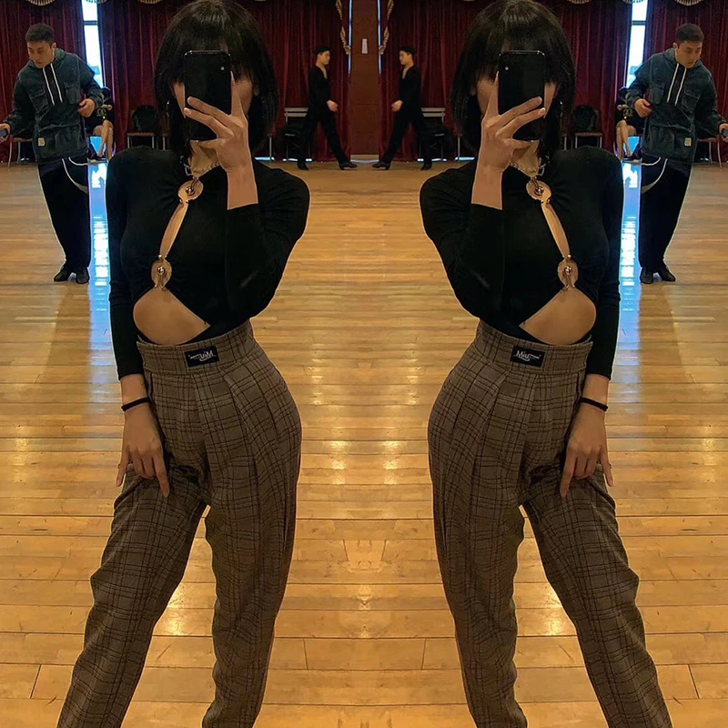 Женские костюмы для Бальных латинских танцев черные рубашки с длинным рукавом