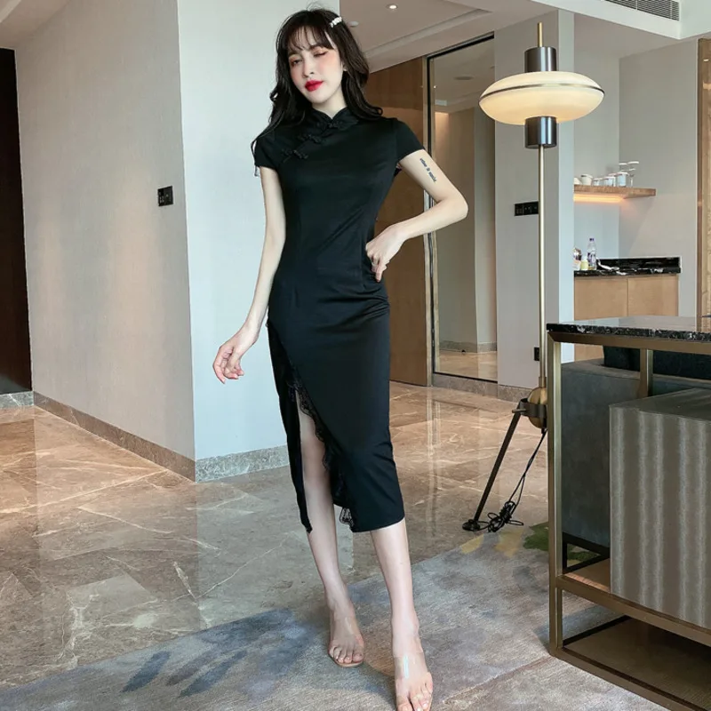 Китайский Стиль в стиле Харадзюку для женщин Cheongsam платья длинный синий и белый