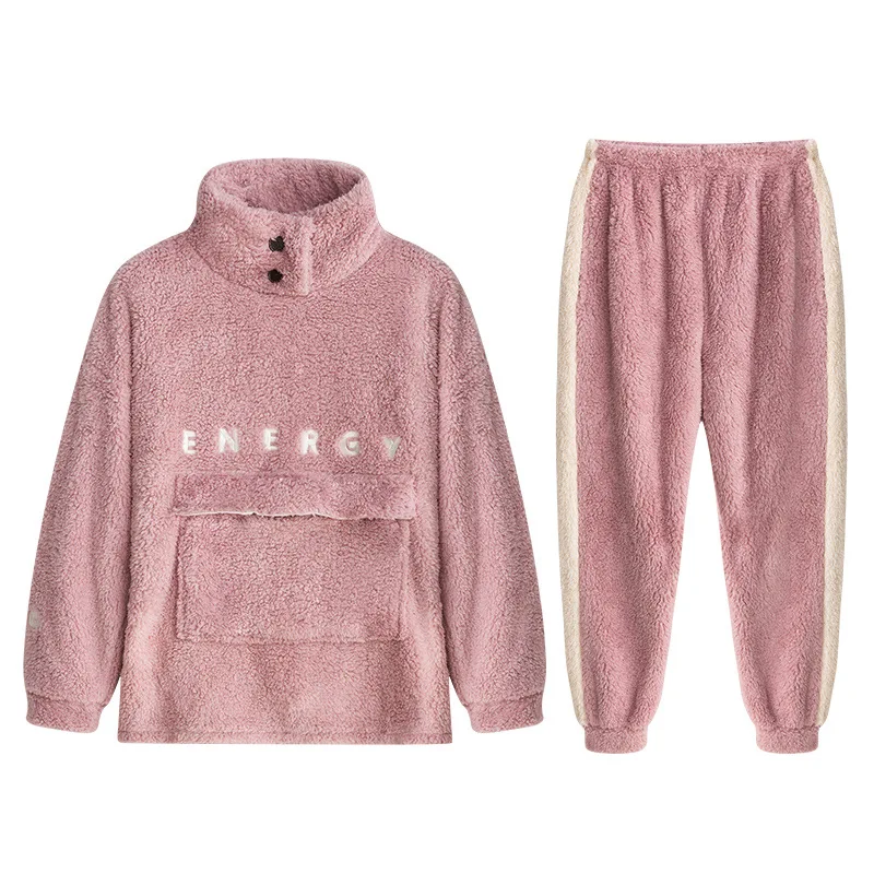 Coral Fleece Pajamas Women's Autumn and Winter Cute Plus Fleece Pajamas Flannel Home Service Warm Suit Loungewear Set 2 Piece