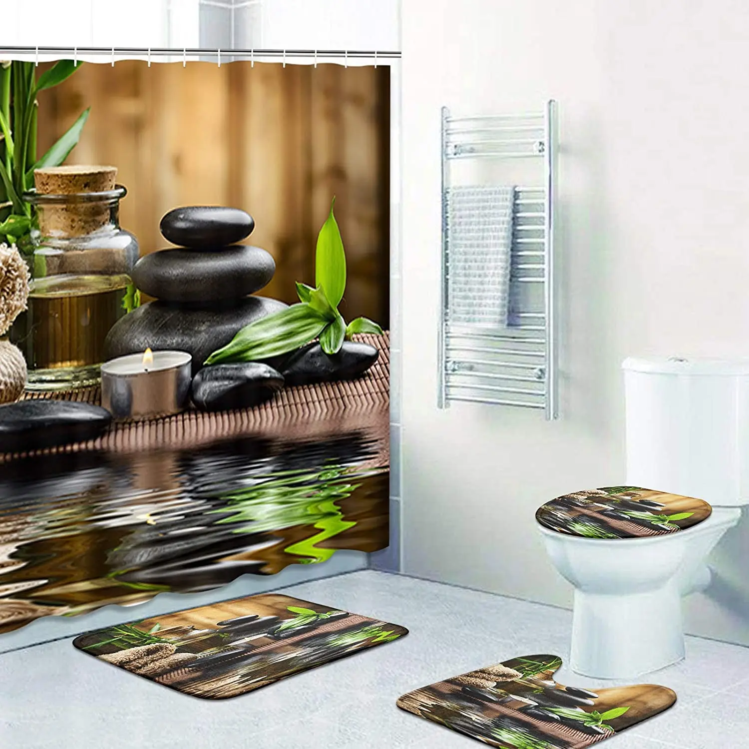 

Новый набор занавесок для душа с принтом Zen Stone Spa, чехол для ковра, крышка для туалета, коврик для ванной, набор занавесок для ванной с 12 крючк...