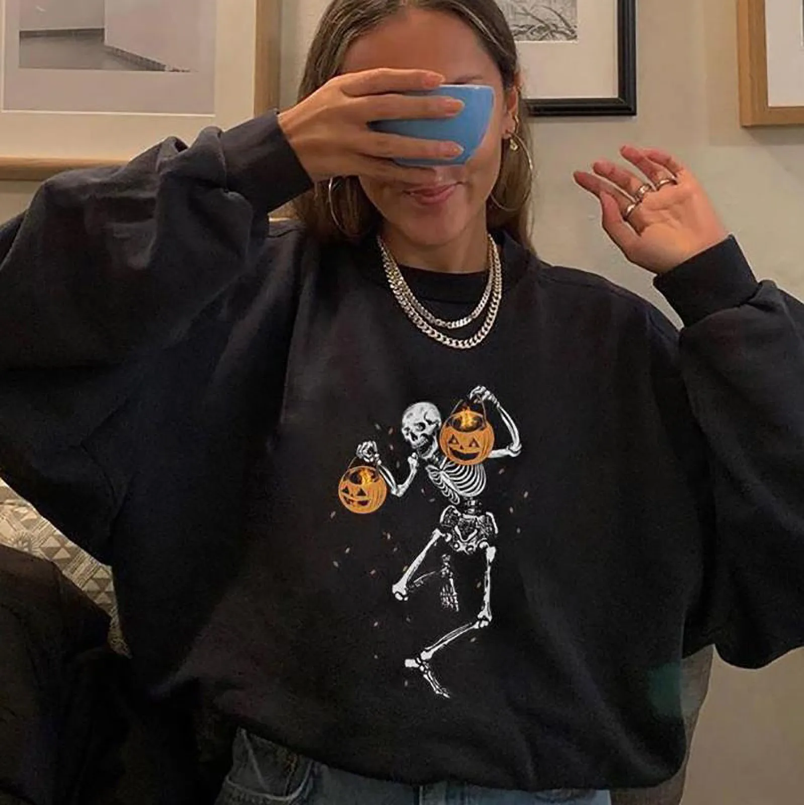 Женский Повседневный теплый свитер на Хэллоуин с принтом черепа и длинными