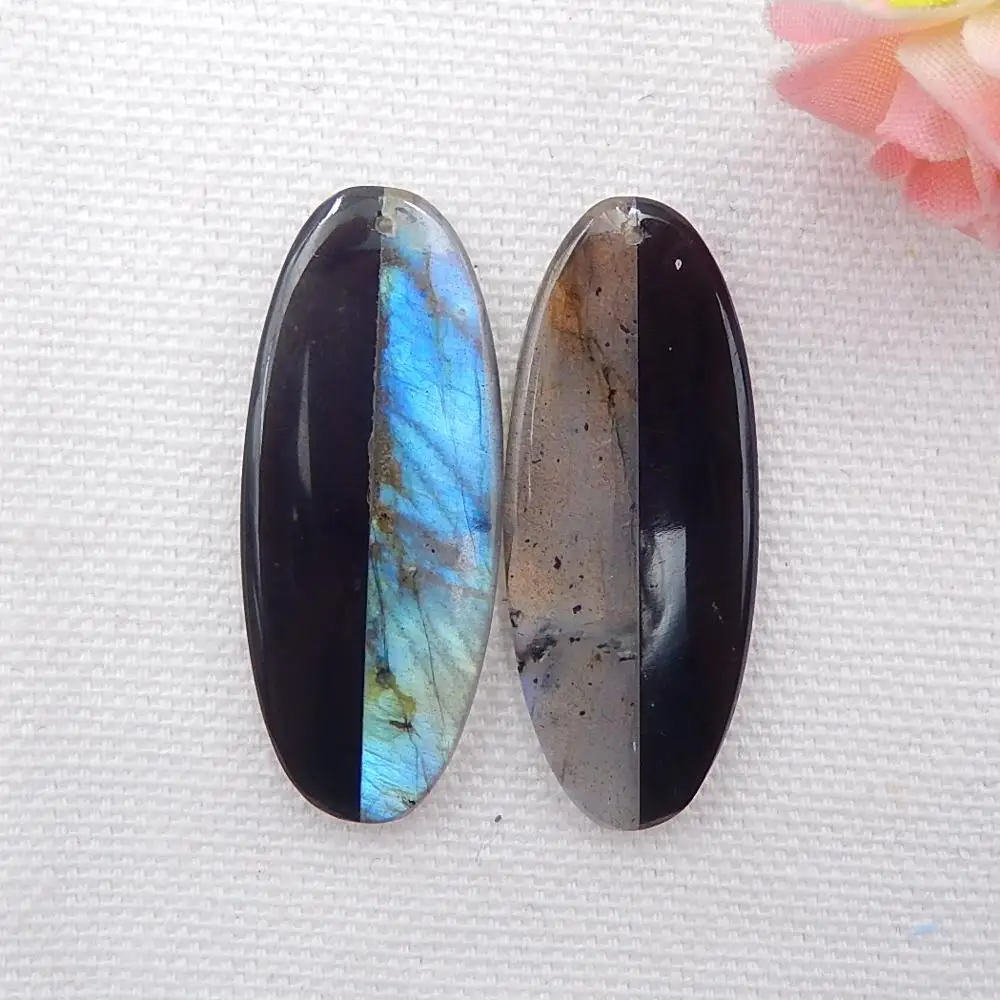 

Natural Gemstone Labradorite,Obsidian gemstone beads Intarsia earrings earring Set 38x16x4mm，8.4g