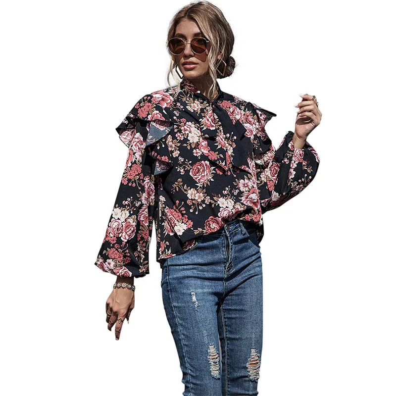 

Spring/Autumn Women Blouse Fashion Popular Lantern Sleeve Stand Collar Floral Print Chiffon Shirts Office Lady RufflesTops