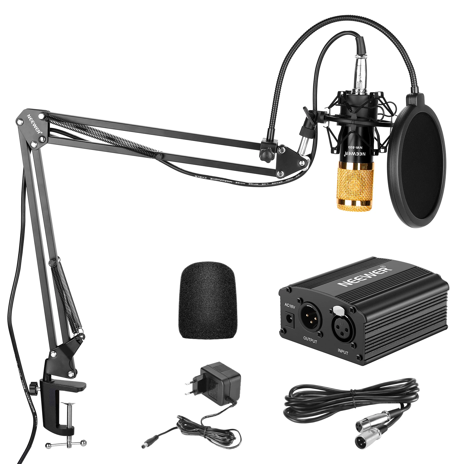 

Neewer NW-800 Condenser Microphone Kit Black 48V Phantom Power Supply XLR Cable for Home Studio Recording Boom Scissor Arm Stand