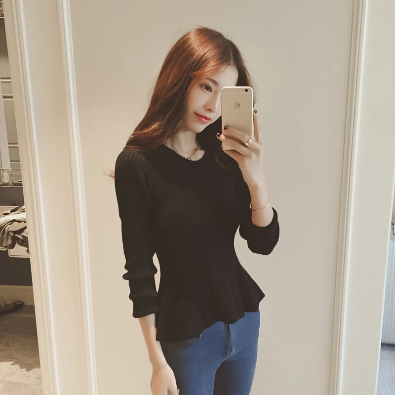 

Women's Autumn/winter Sweater with Ruffled Hem Round Neck Student Long-sleeved Knit Bottoming Shirt Pullover Tight Top GX239