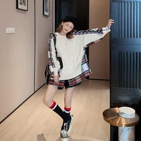 superaen plaid patchwork o neck sweaters for women loose 2021 korean style autumn new cocoon pullover casual clothes