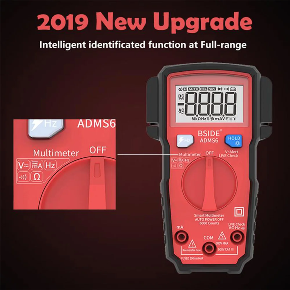 

BSIDE Multimeter 6000 Counts ADMS6 Smart Digital Multimeter DMM DC/AC Voltage Current Resistance Auto Ranging Mini Tester