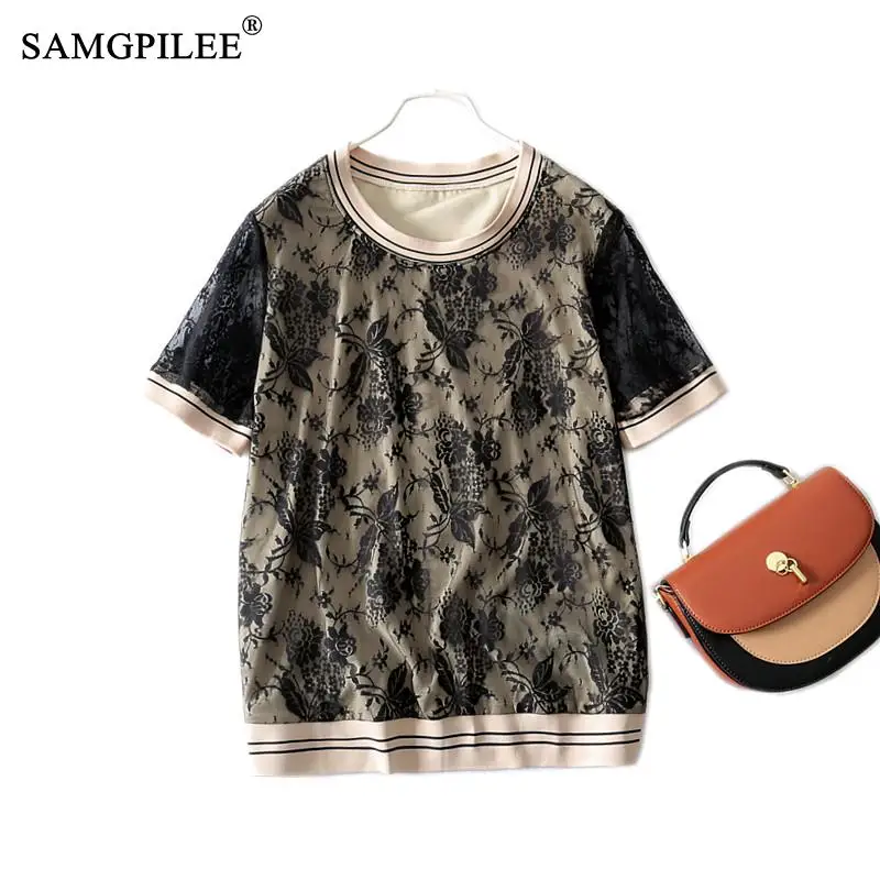 

Plus Size Summer T-shirts Oversized 2021 Fashion New Crochet O Neck Hollow Lace Patchwork Short-sleeved Women T Shirt 4XL
