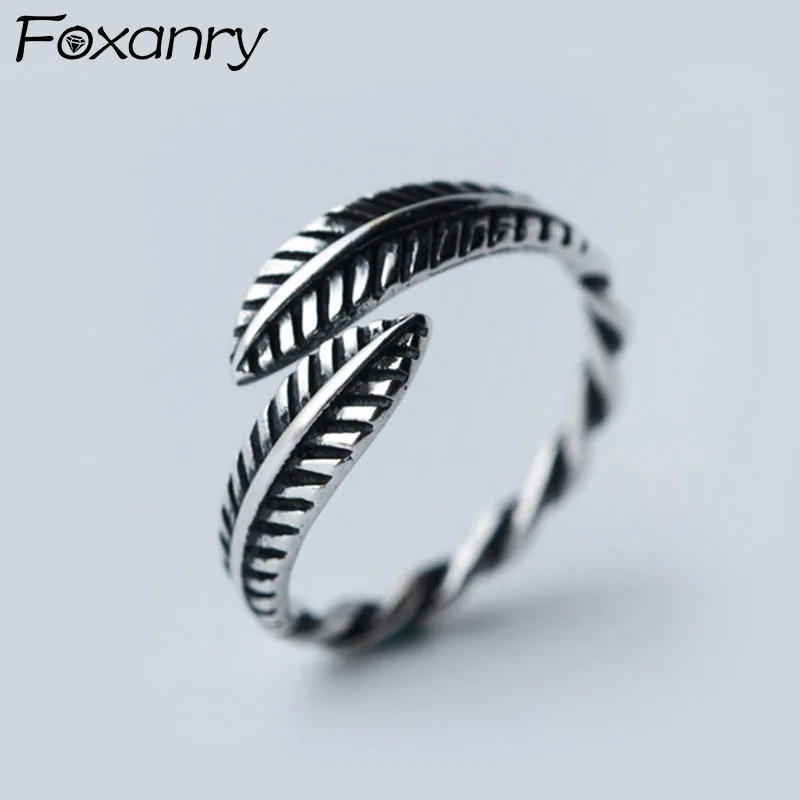 

Foxanry 925 Серебряные кольца летние новые модные кожаные сумки в винтажном панковском стиле; Пары Творческий перо вечерние ювелирные изделия, п...