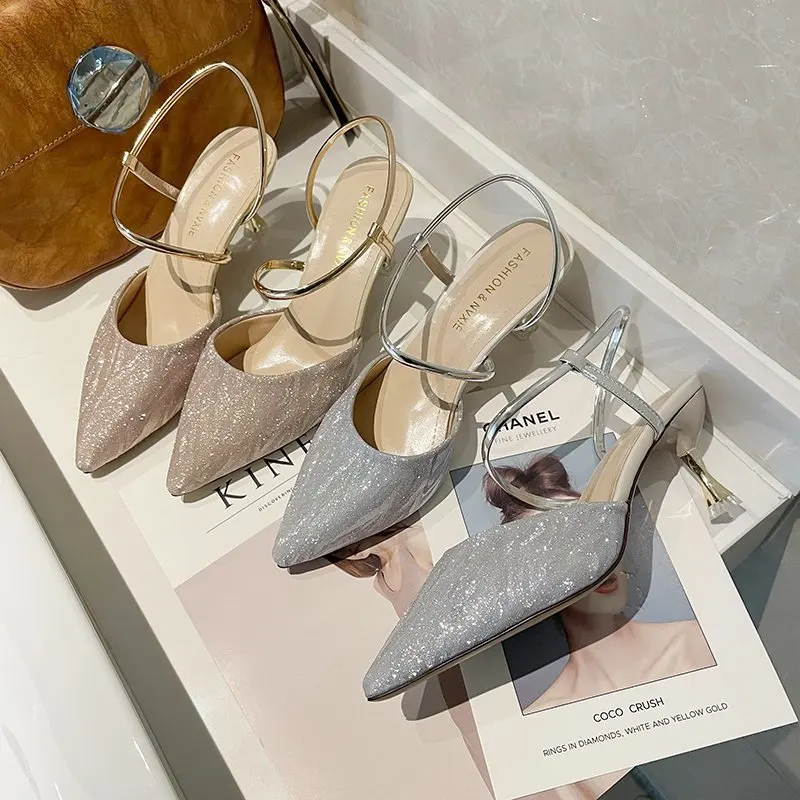 

Sandals Stiletto Heels Med Women's Shoes Silver Shallow Mouth 2021 Summer Suit Female Beige Rhinestone Pointed Medium High Girls
