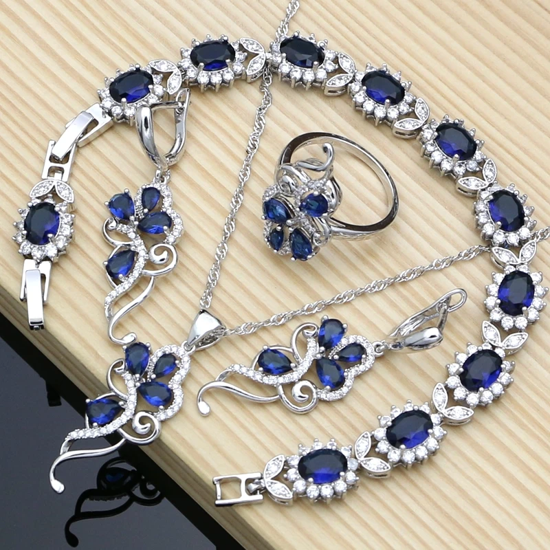 Silver 925 Bridal Jewelry Set Blue Sapphire White Crystal Costume for Women Stones Leaves Twig Earrings Ring Necklace Set