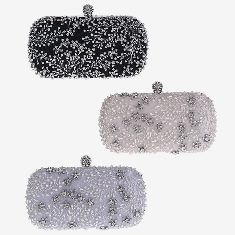 

63HC Wedding Clutch Women Pearl Rhinestone Beaded Evening Bag Cocktail Handbag Purse