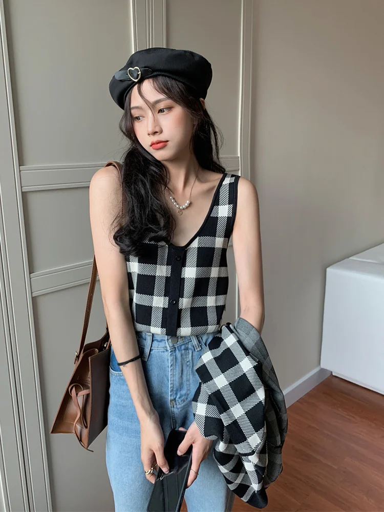 Кардиган Unif с V-образным вырезом женский жилет короткий клетчатый свитер