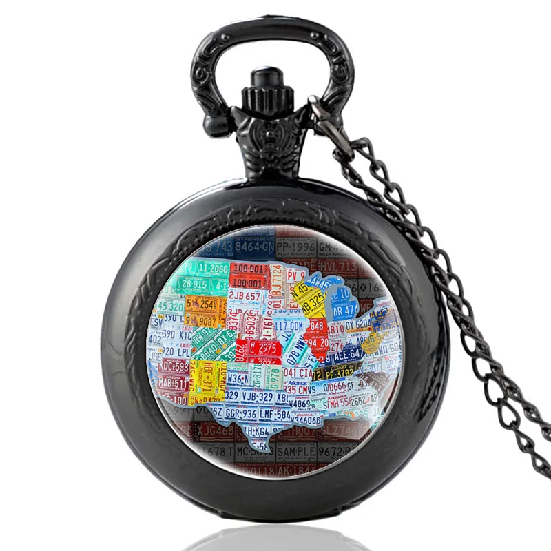 

Vintage United States Map Design Black Quartz Pocket Watch Men Women Glass Dome Charm Pendant Necklace Hours Clock Gifts