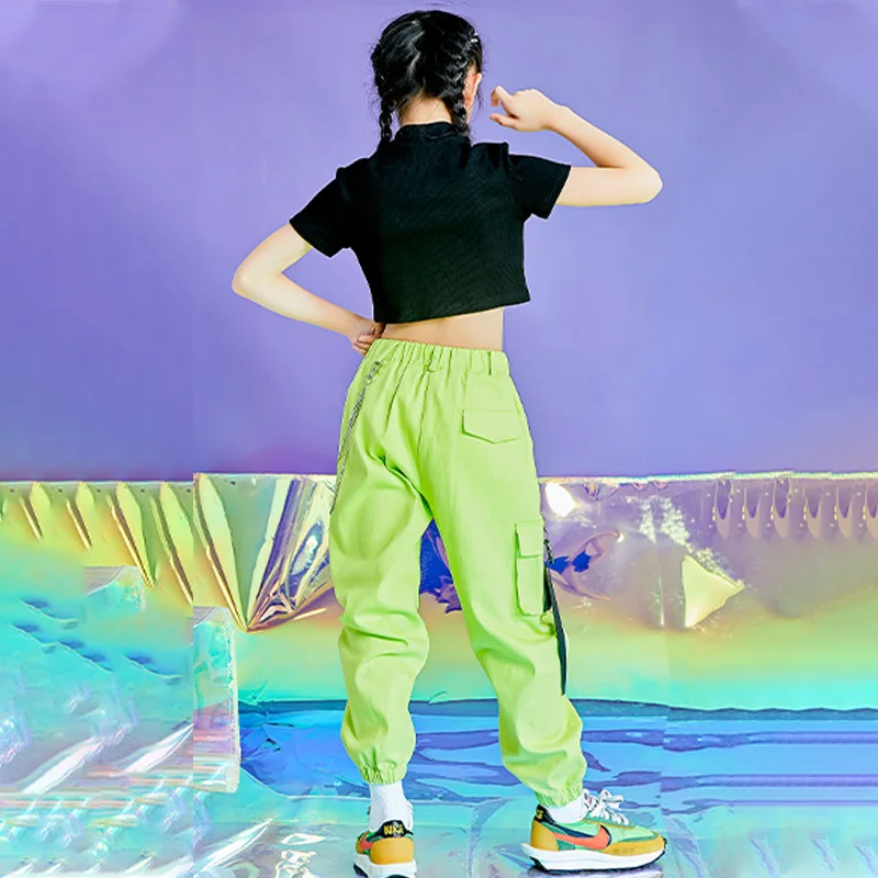 

Children Hip Hop Clothes Girls Jazz Dance Costume Black Tops Green Pants Street Dancing Outfit Stage Show WD0033