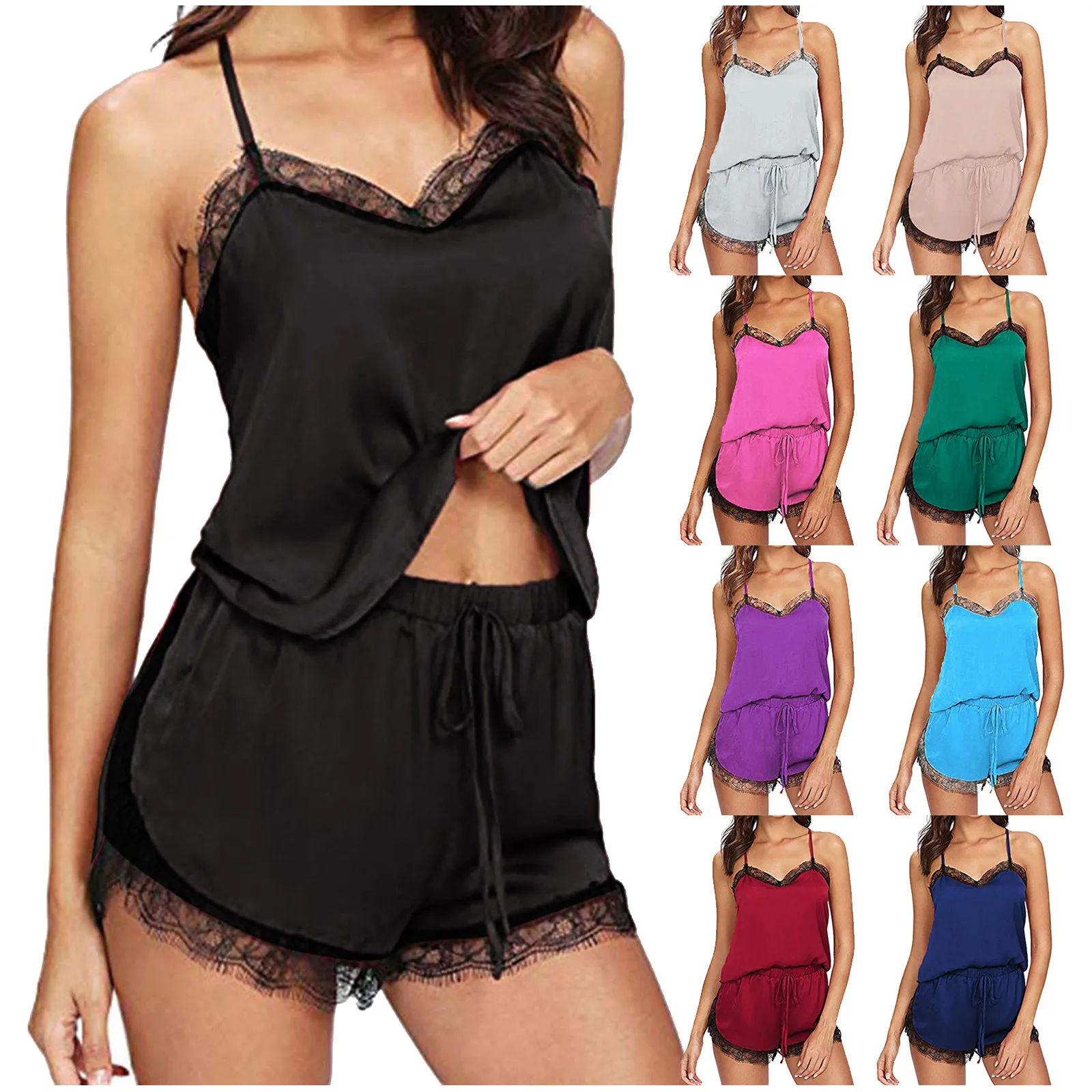 

2PCS Large Size Women Satin Sleepwear Sexy Lingerie Lace Pajamas Set Sleeveless Top and Shorts Night Suit Underwear Xmas Gift