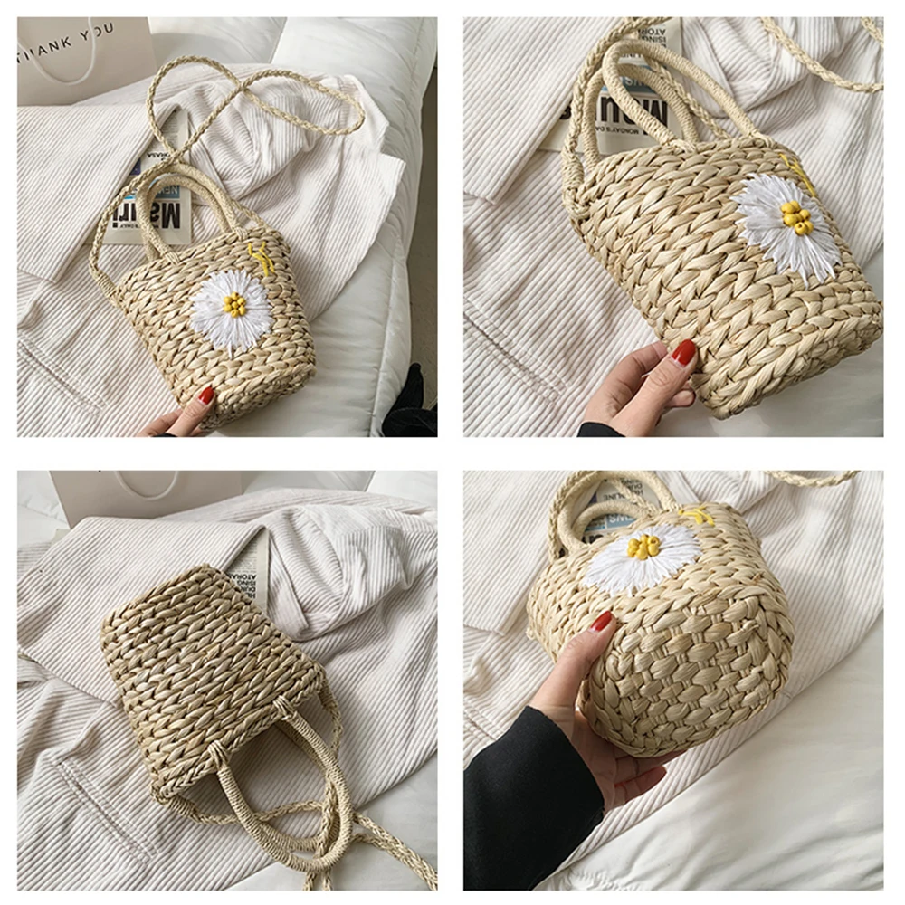 Vintage Rattan Basket Bags Wicker Woven Women Handbags Handmade Summer Beach Shoulder Bag Casual Large Capacity Tote Purses 2021