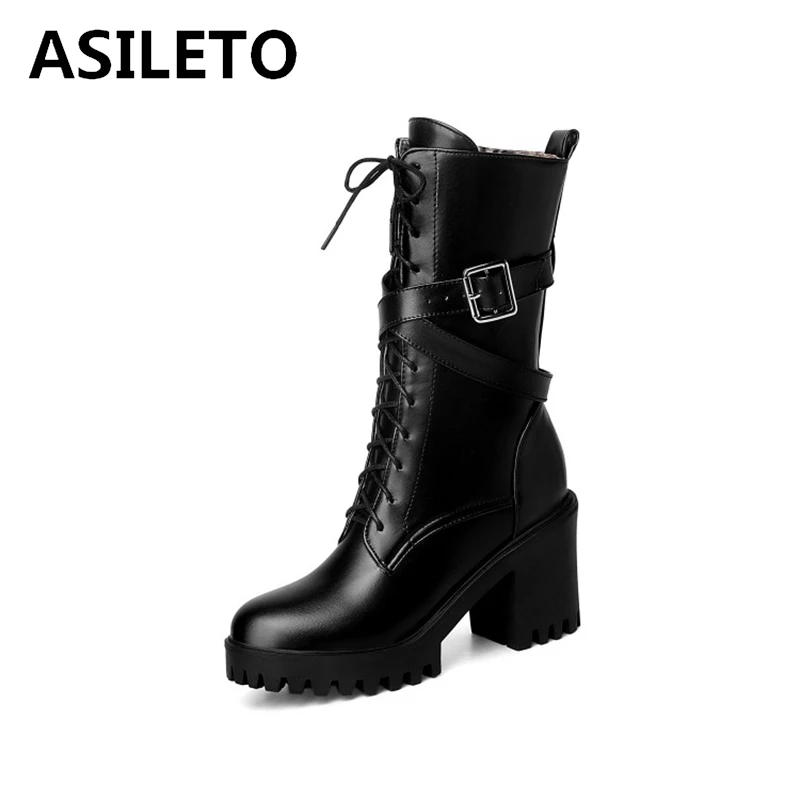 

ASILETO новые женские ботильоны с круглым носком 9,5 см блочные каблуки Платформа Пряжка на молнии со шнуровкой стильные бархатные Большие разм...