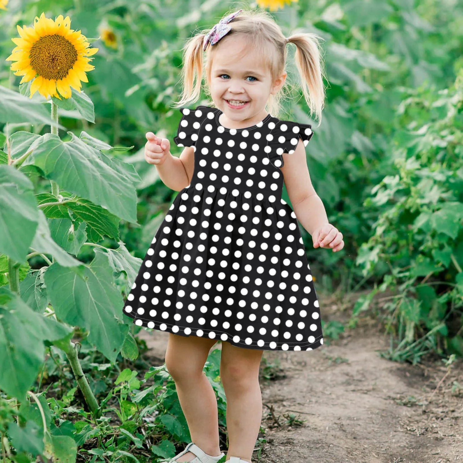 

Toddler Kids Baby Girls Dresses Summer Fashion Ruffled Dot Printing Casual Princess Dress Outfits Round Neck Loose Dress 2021