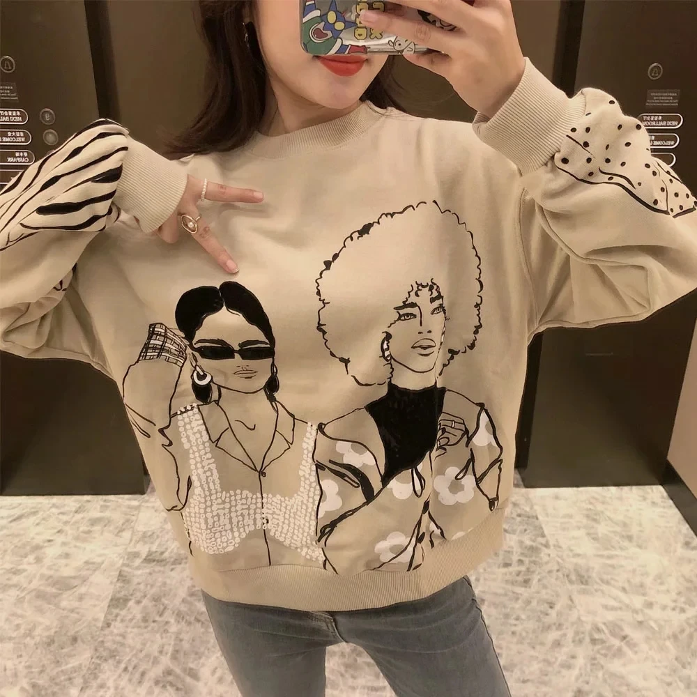 

Spring Women Fashion Beauty Girls Print Sweatshirts women O Neck Knitted Hoodies 2021 women pullover