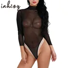 Женская прозрачная сетчатая водолазка, прозрачное трико, боди, топы, сексуальные с длинным рукавом и высоким вырезом, стринги, боди для танцев на шесте, клубная одежда